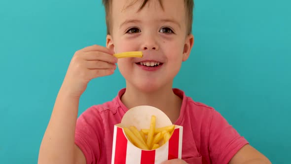 Young Boy Indoors Eating Fish and Chips Smiling alt