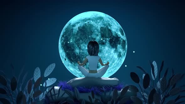 A girl in a yoga pose on the background of a huge neon moon alt