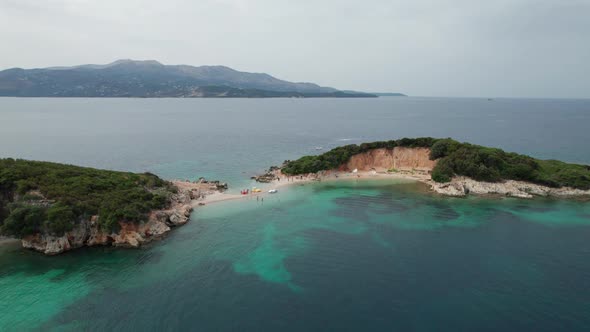 Aerial View of Tropical Beach in Ksamil Islands with Turquoise Water Albania alt