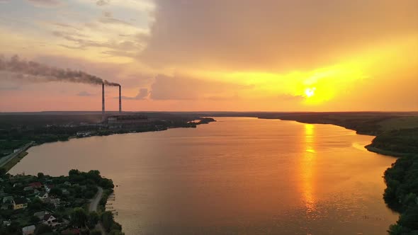 Atmospheric view of river. Aerial view of river at sunset alt
