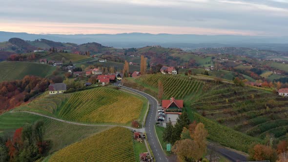 Aerial View of Austrian Vilage Kitzeck Im Sausal on Vineyard Durring Autumn Sunset Region in Styria.