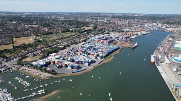 Ipswich container Port marina and town Suffolk UK drone aerial view alt
