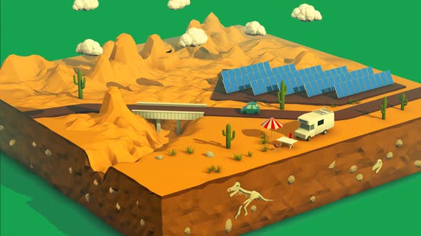 Low poly animation. Sunny desert landscape with rocky terrain and solar panels.