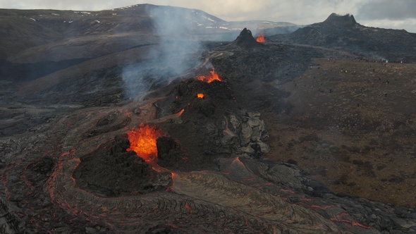 Aerial View Above Lava Eruption Volcano, Mount Fagradalsfjall, Iceland ...