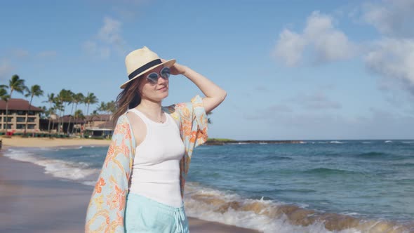 Summer Vacation on Tropical Island Slow Motion Woman with Pretty Smile on Beach alt
