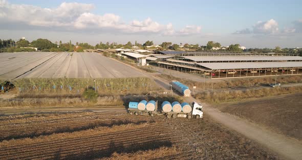 Aerial view of lorries in a cotton field, Israel. alt