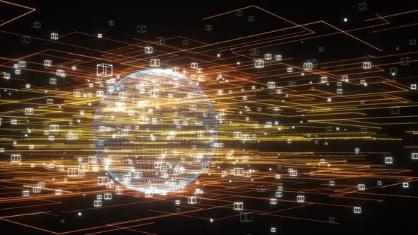 Data lines and earth model,glowing lines and cubes. alt
