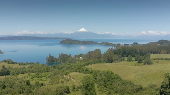 Aerial Landscape of Osorno Volcano and Llanquihue Lake at Puerto Varas, Chile, South America.