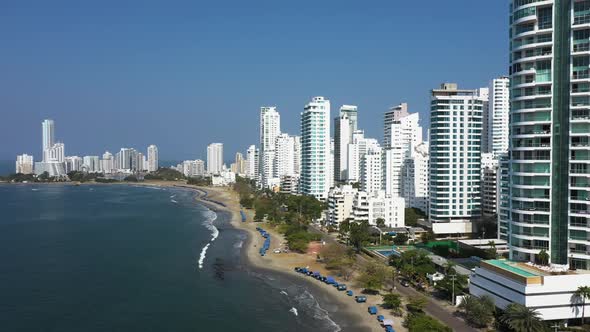 Aerial Morning View of Castillogrande Prestigious Beach District in Cartagena City