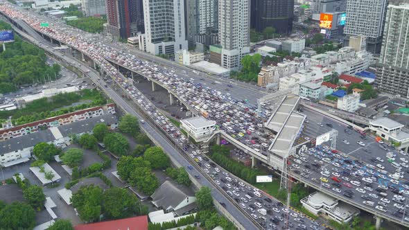 Aerial view of busy cars with traffic jam in the rush hour on highway