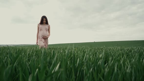 Young pregnant woman in a pink summer dress walks on a green field with wheat.