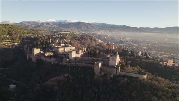 Panoramic aerial view of large scale Alhambra palace complex in Granada