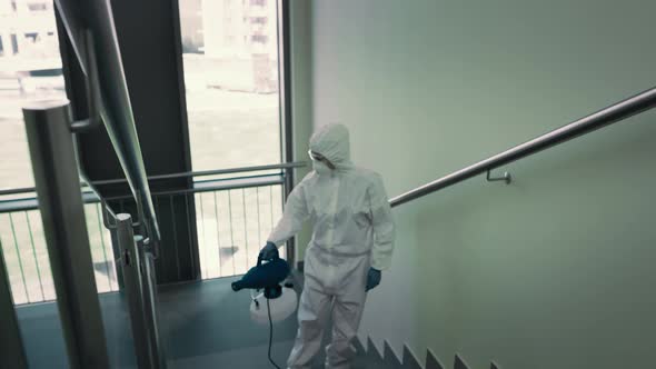 Tracking video of disinfecting the staircase. Shot with RED helium camera in 8K. alt