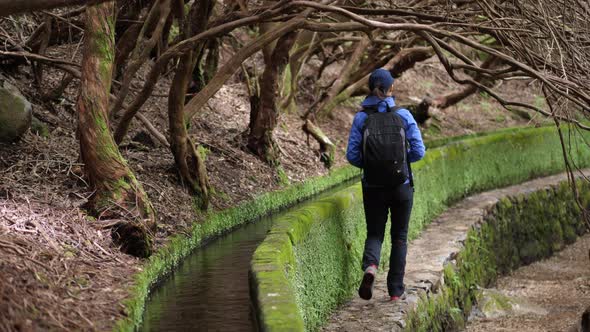 Female tourist during "Levada Risco" hike, Madeira, Portugal alt