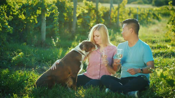 A Young Couple Tasting Wine, Next To Them Is Their Dog. Good Time with Pet alt