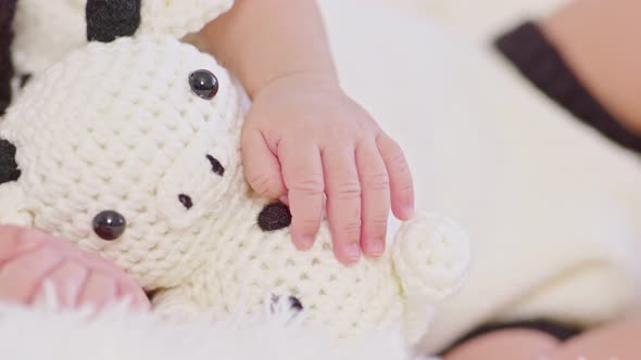 Close up hand of happy newborn baby wearing cute cow costume lying sleep hugging cow doll alt