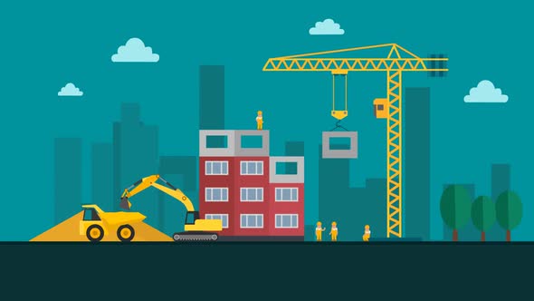 Building Construction Site. Cartoon animation with heavy machinery and workers
