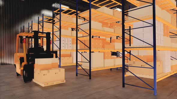 3D rendering.Warehouse with cardboard boxes inside on pallets racks. alt