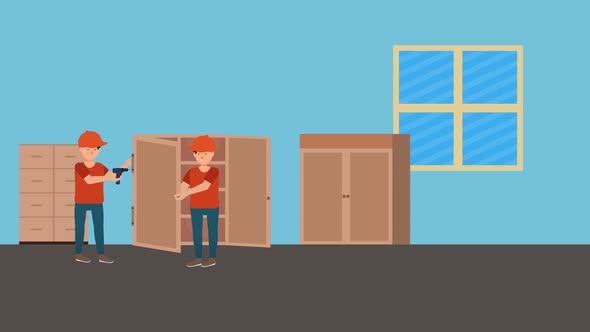 Flat characters making furniture for a house 4K animation
