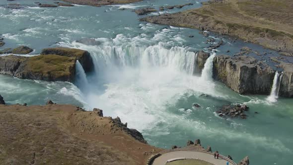 Godafoss Waterfall in Summer Day. Iceland. Aerial View alt