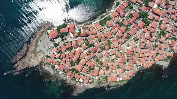 Aerial view of the old town of Sozopol. Sozopol is an ancient seaside town near Burgas, Bulgaria alt