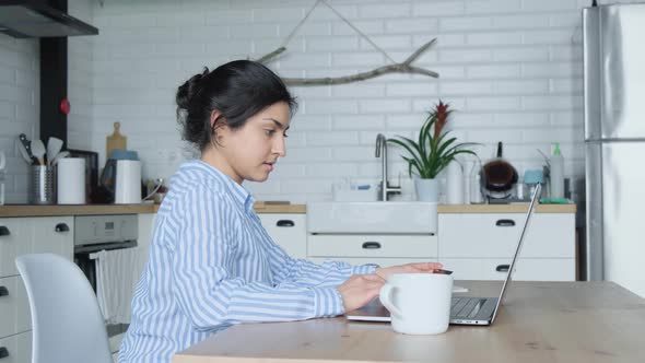 Side view concentrated young indian businesswoman working on computer at office or home alt