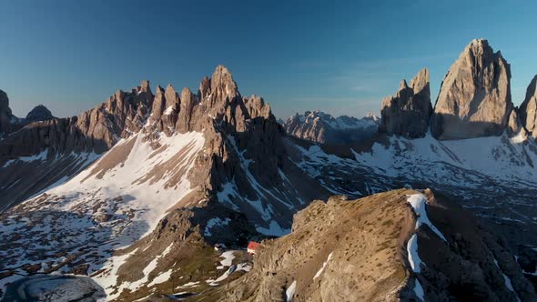 Aerial Flying to Monte Paterno Mountain in Dolomites Alps Italy alt