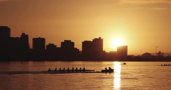 People rowing in the early hours during golden hour. Location in Perth, Western Australia. alt