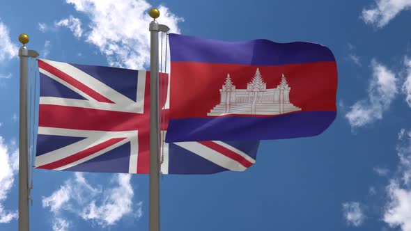 United Kingdom Flag Vs Cambodia Flag On Flagpole alt