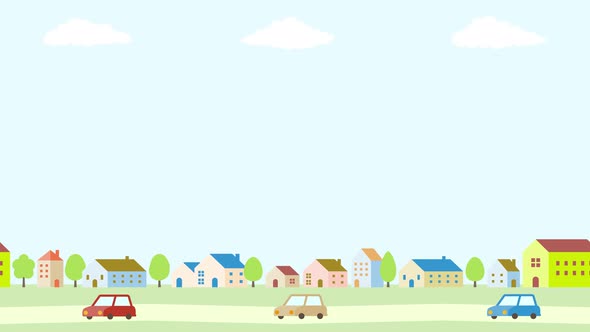 Simple townscape background, illustration of houses and cars (4K)