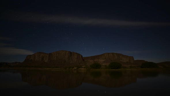 Night view of lake with mountain ridge in background