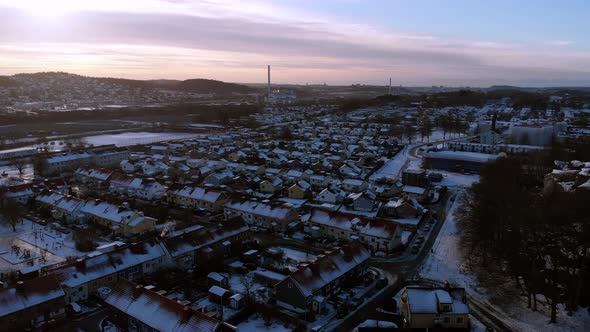 Gothenburg Villa Area During Winter Time Snow Covered Sunset Aerial alt