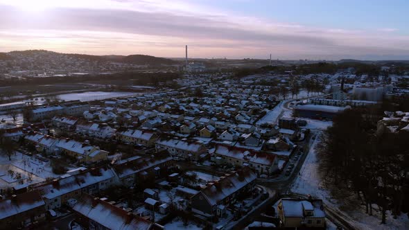 Gothenburg Villa Area During Winter Time Snow Covered Sunset Aerial