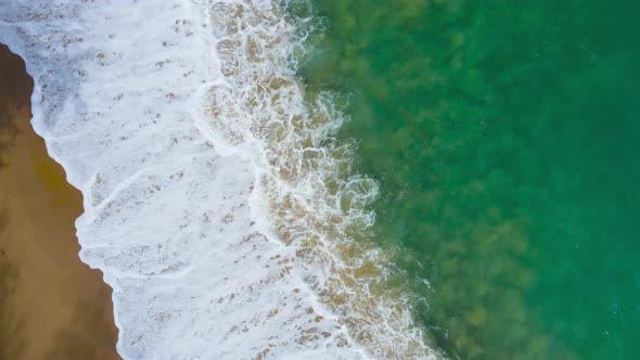 Top down view beach and sea. Aerial view of drone and crystal water wave alt