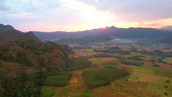 Aerial view from a drone over a misty landscape on the farmland alt