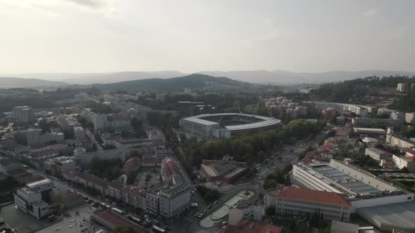 Aerial establishing shot of a football soccer stadium in Portugal, drone view