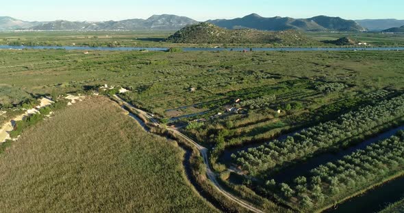 Panoramic aerial view of the Neretva delta valley river alt