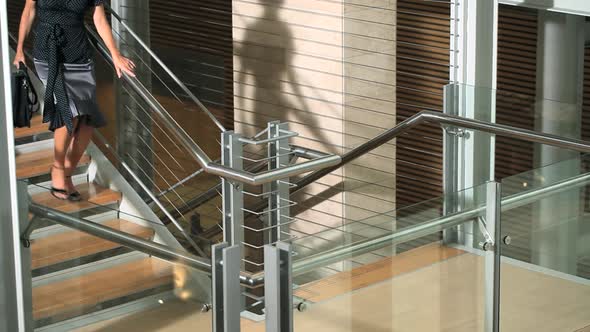 Businesswomen walking down stairs alt