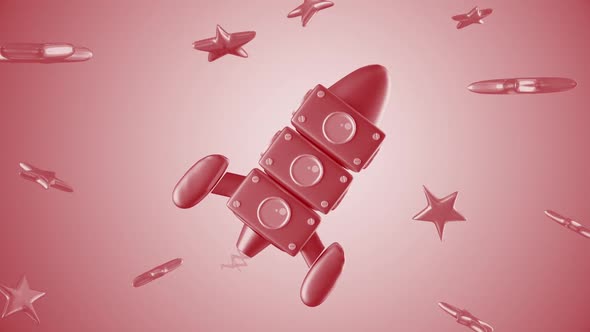 3d Cartoon Toy Rocket Between Stars Red Kids Background