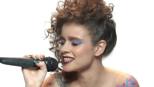 Woman Singing on White Background. alt