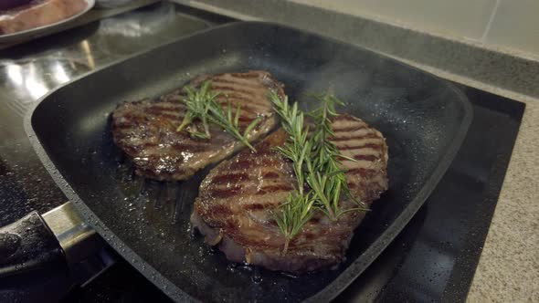 Cooking Beef on Grill Frying Pan alt