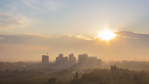 Sunset Over Urban City, Modern Downtown Skyline Buildings Silhouettes alt