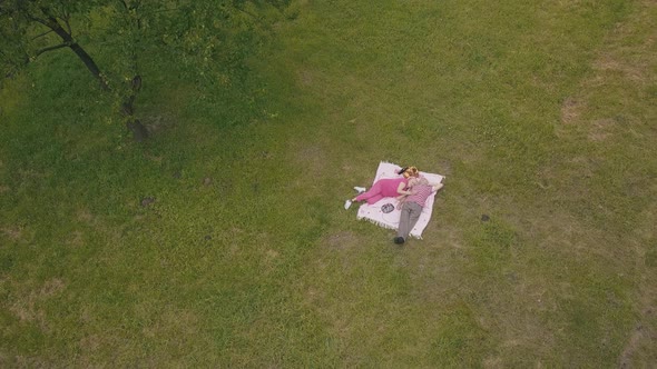 Family Weekend Picnic in Park. Aerial View. Senior Old Couple Lie on Blanket on Green Grass Meadow alt