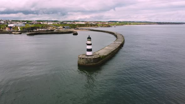 Drone Shot Circling Above Seaham Lighthouse and Pier in  Durham UK alt