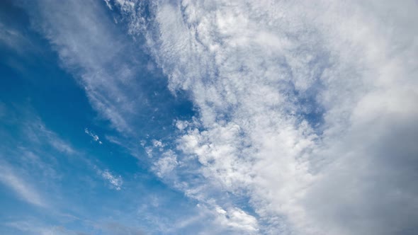 Mixed White Clouds on Blue Sky Background Cloudscape Time Lapse Upward Direction