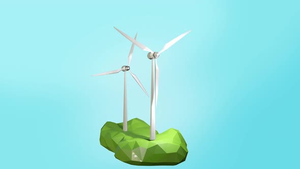 Wind turbines on island low poly green energy