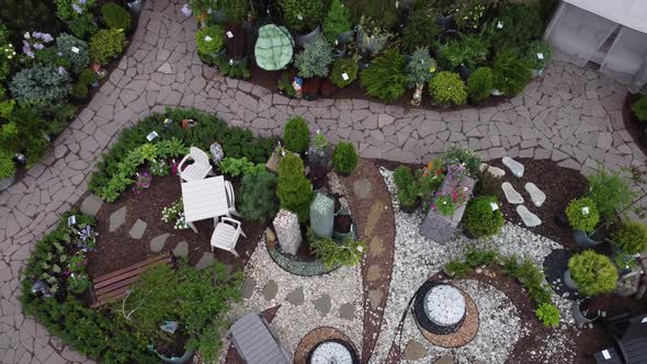aerial view of garden shop. working people. potted plants