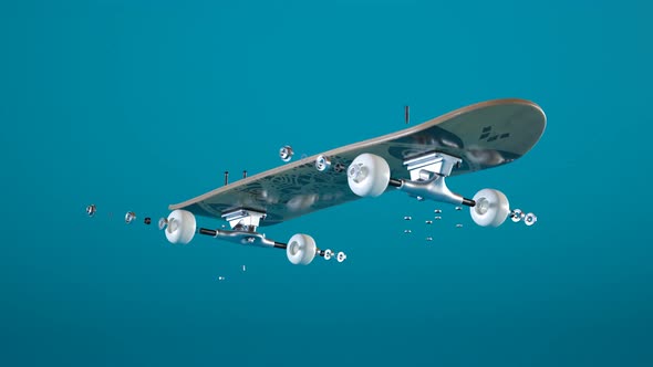 Skateboard assembly process. Elements of the board combining in order. Render 4k alt