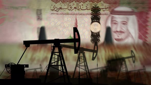 Saudi Arabia Riyal money counting with oil pump alt