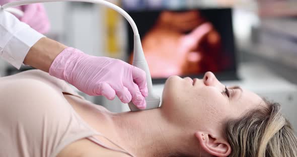 Young Caucasian Woman Undergoes Ultrasound of Thyroid Gland in Office of Female Doctor alt